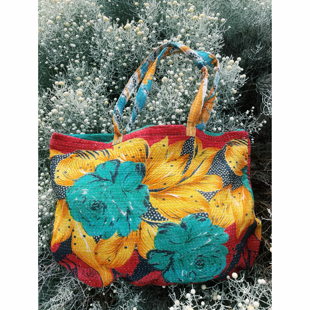 Vintage Kantha Tote Bag - Blue Moon Rose