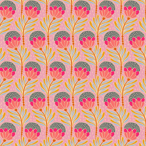 Patterned design with pink flowers and green leaves on a pink background