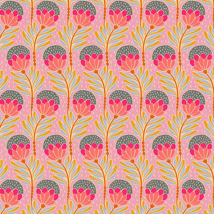 Patterned design with pink flowers and green leaves on a pink background