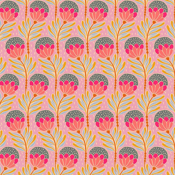 Patterned design with pink flowers and green leaves on a pink background