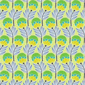 Pattern of blue, green, and yellow leaves on a light green background