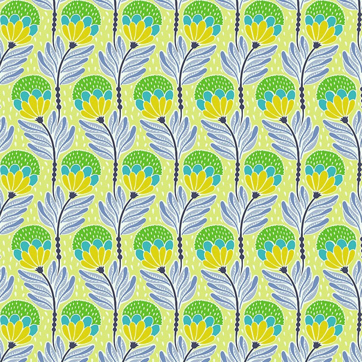 Pattern of blue, green, and yellow leaves on a light green background