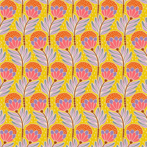 Pattern of pink and orange flowers on a yellow background