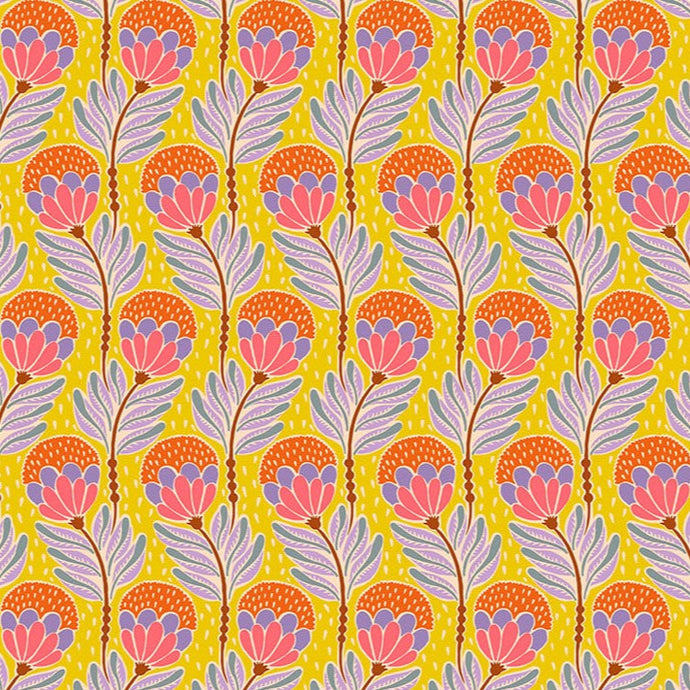 Pattern of pink and orange flowers on a yellow background