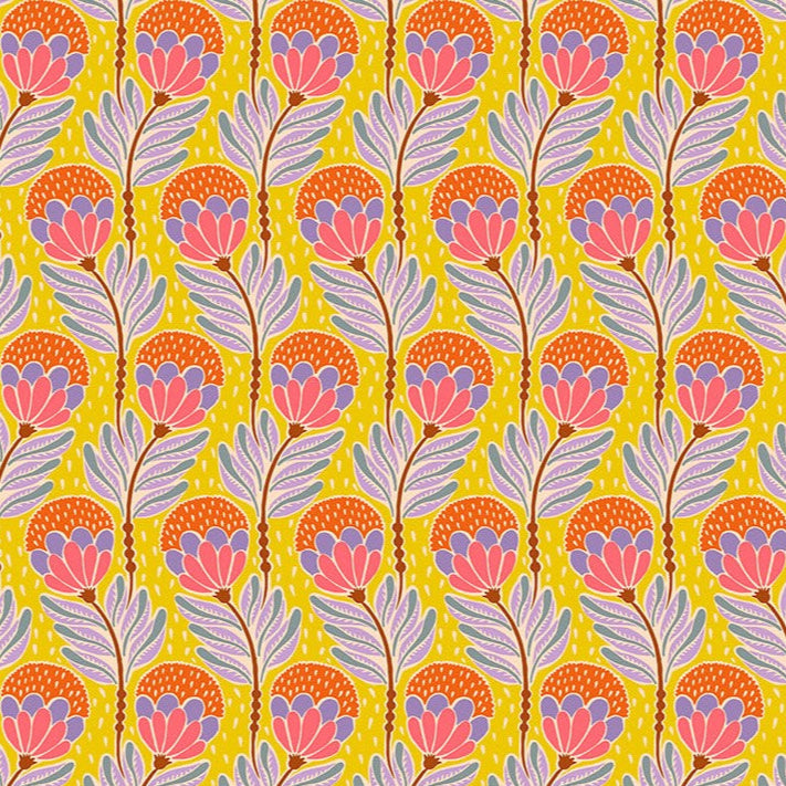 Pattern of pink and orange flowers on a yellow background