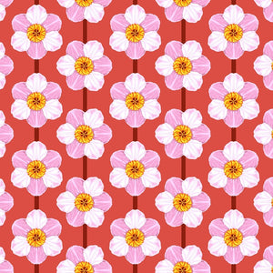Pattern of pink flowers with yellow centers on a red background
