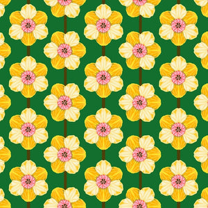 Pattern of yellow flowers with pink centers on a green background