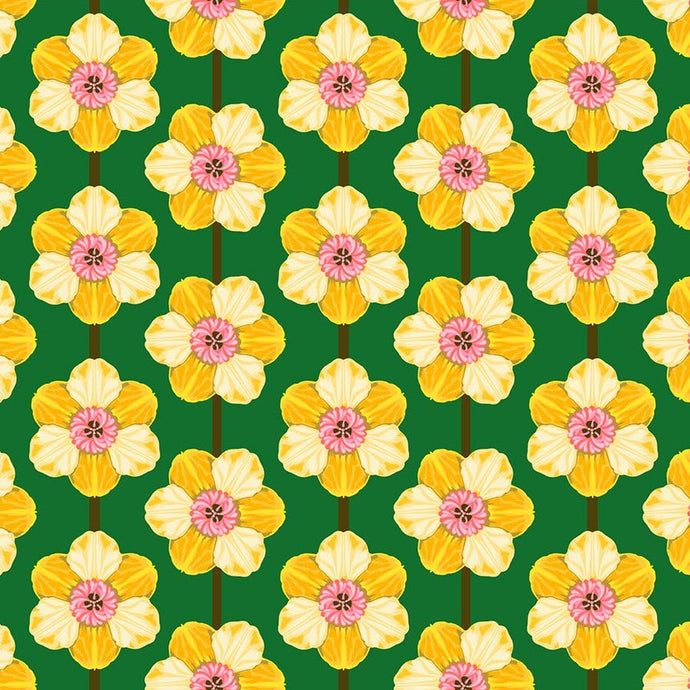 Pattern of yellow flowers with pink centers on a green background