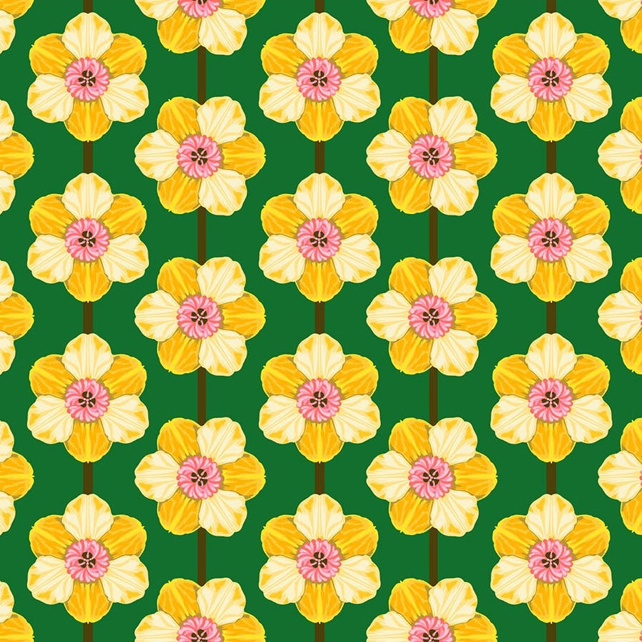 Pattern of yellow flowers with pink centers on a green background