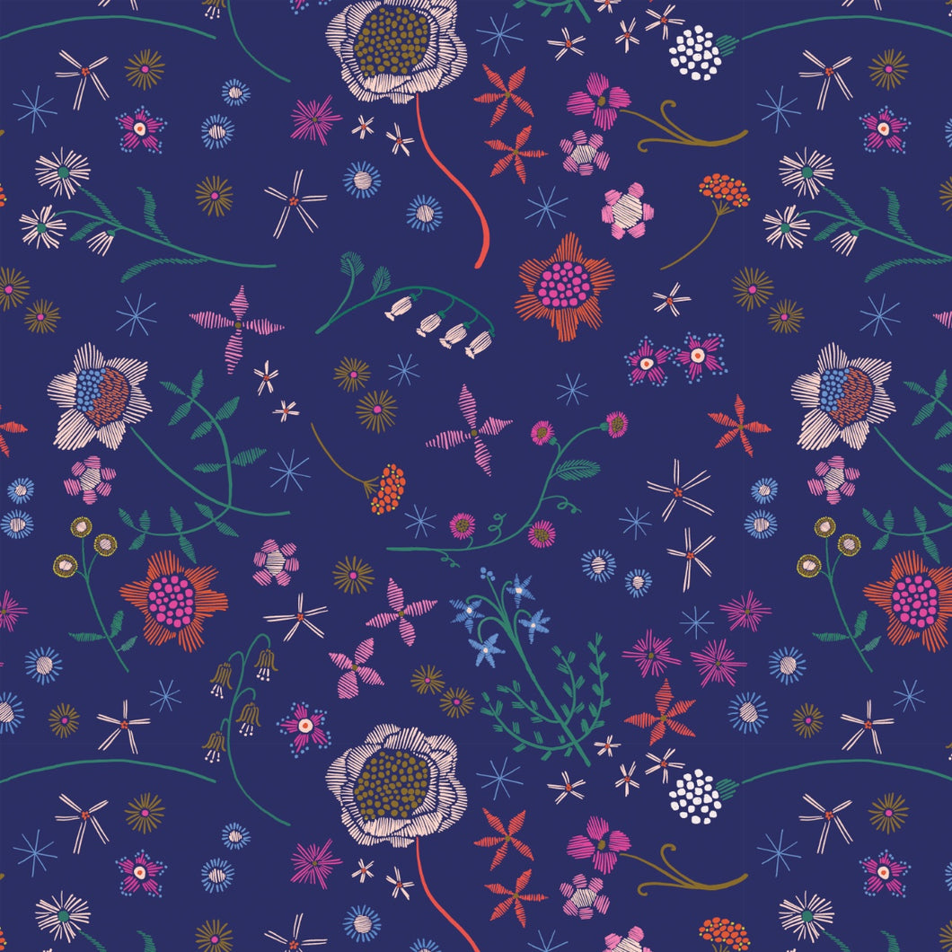 Stitch & Sew - Embroidered Flowers - Dark Blue - 50cm