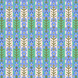 Pattern of blue flowers and green leaves on a striped background