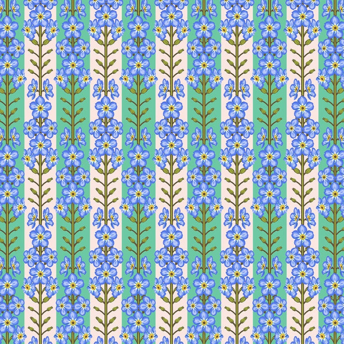 Pattern of blue flowers and green leaves on a striped background