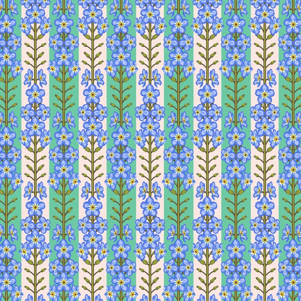 Pattern of blue flowers and green leaves on a striped background