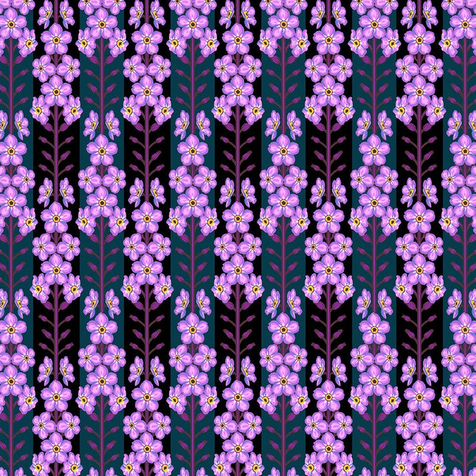 Pattern of small purple flowers on a dark background