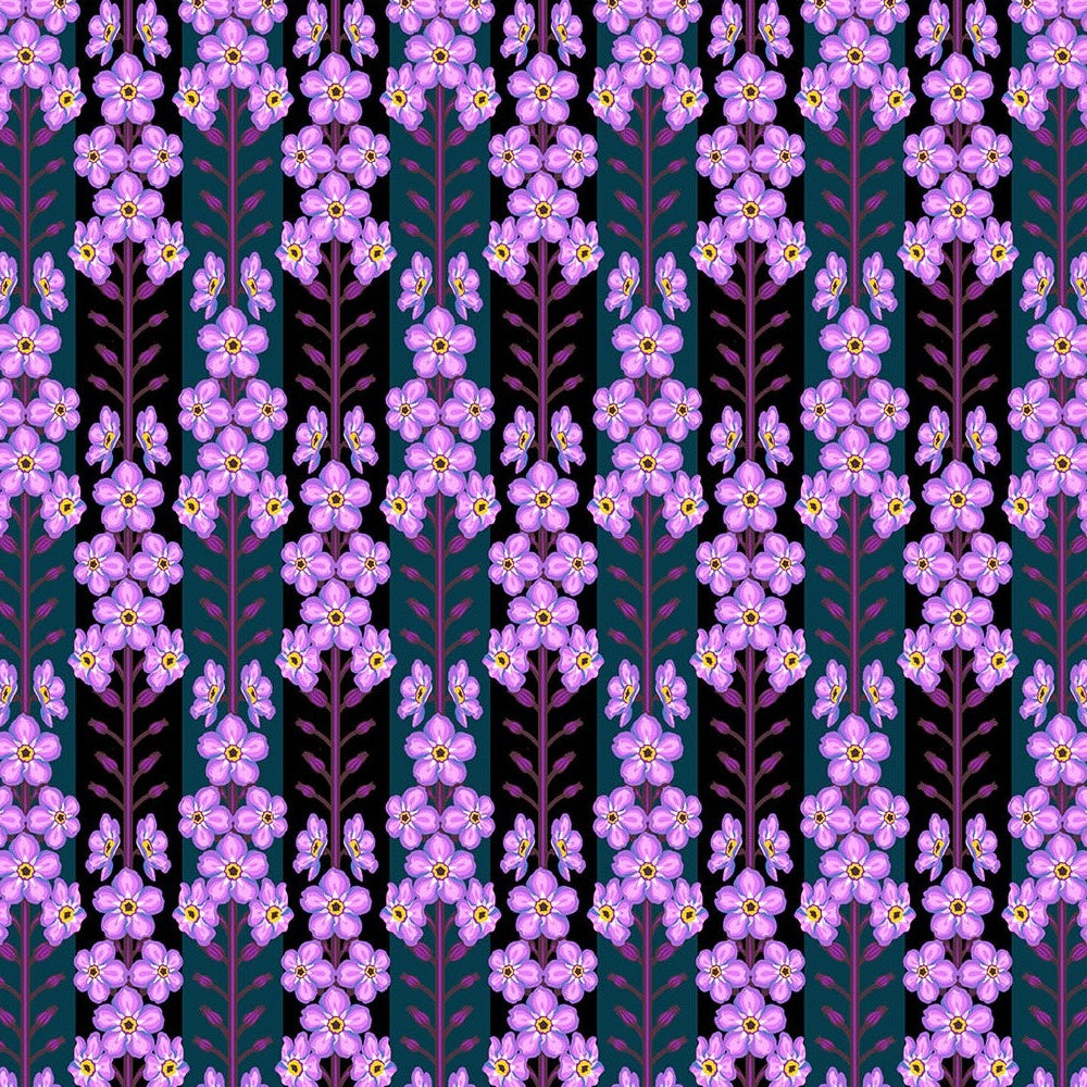 Pattern of small purple flowers on a dark background
