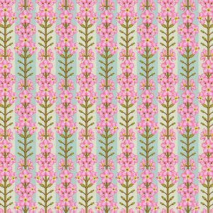 Pattern of pink flowers with green stems on a light blue background
