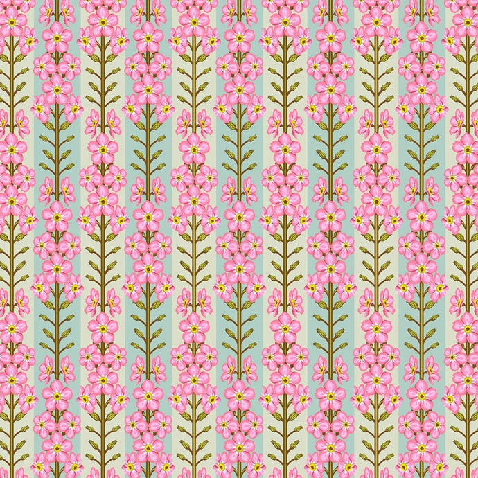 Pattern of pink flowers with green stems on a light blue background