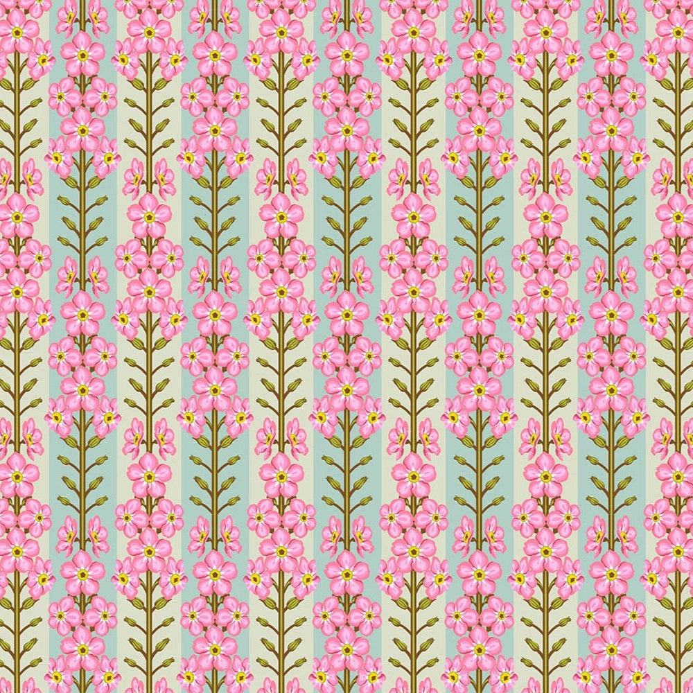 Pattern of pink flowers with green stems on a light blue background