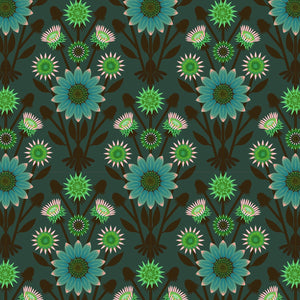 Pattern of teal flowers on a dark green background