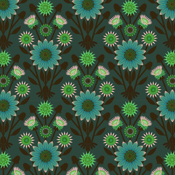 Pattern of teal flowers on a dark green background