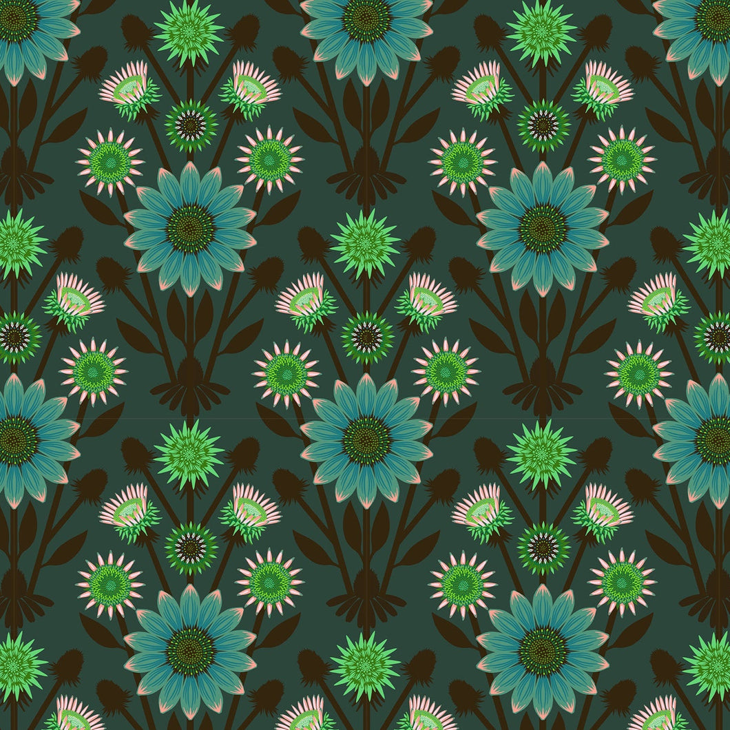 Pattern of teal flowers on a dark green background