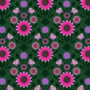 Pattern of pink flowers with purple centers on a green background