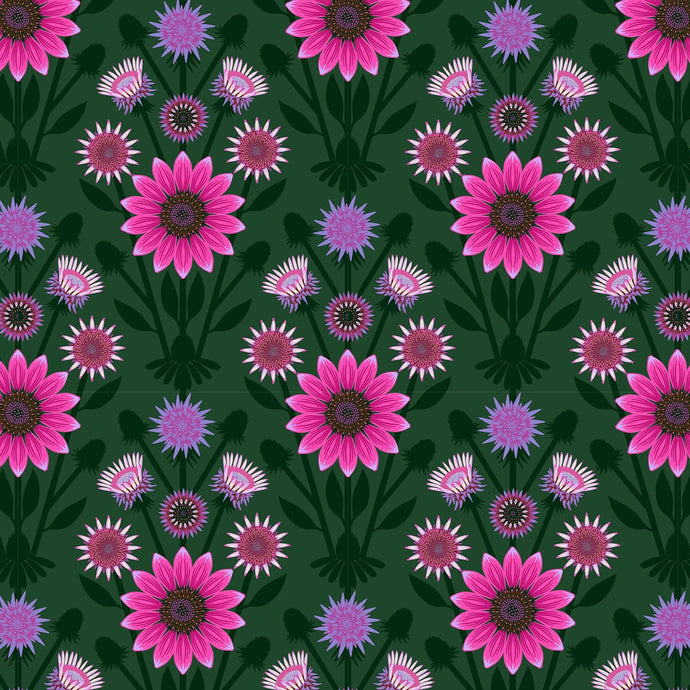 Pattern of pink flowers with purple centers on a green background