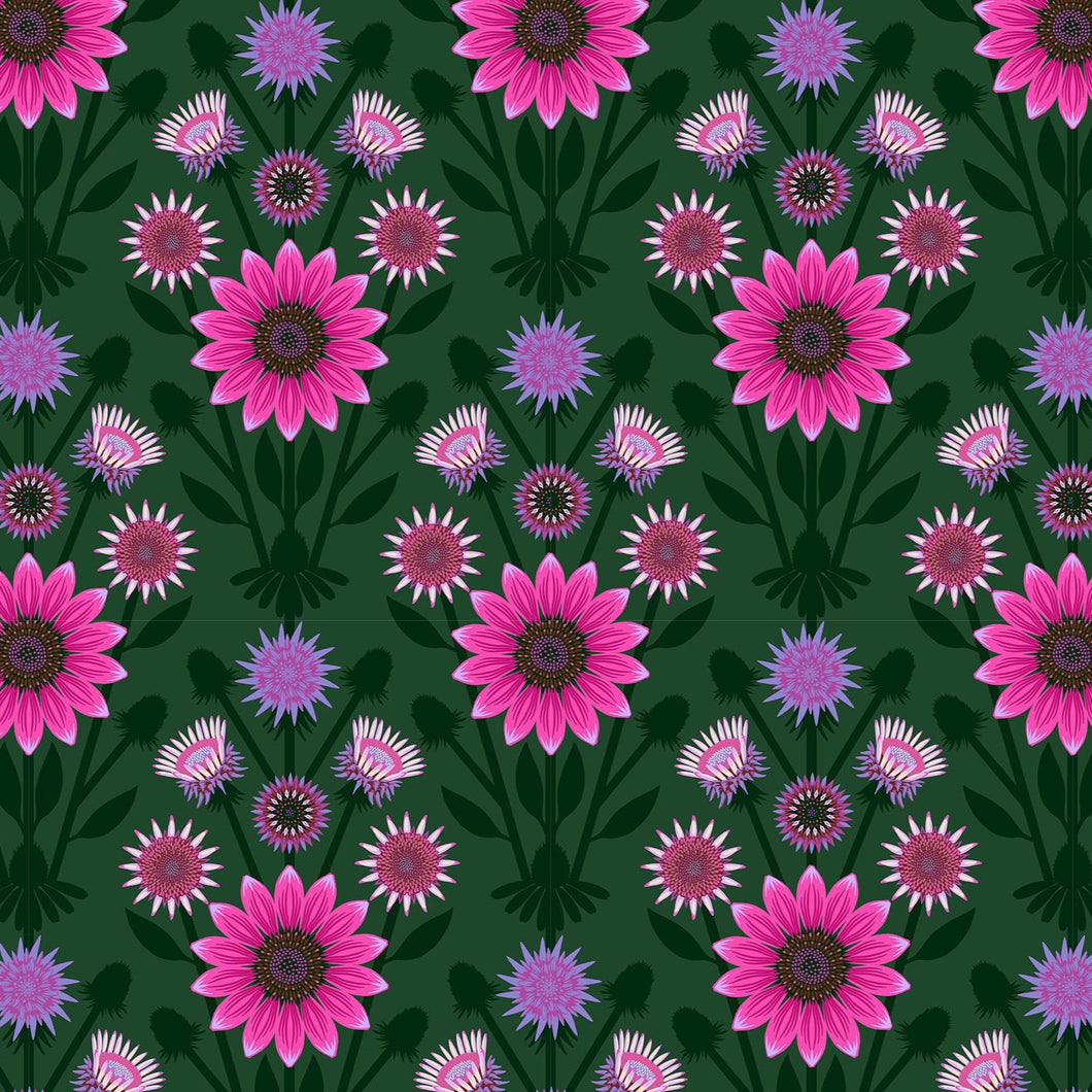 Pattern of pink flowers with purple centers on a green background