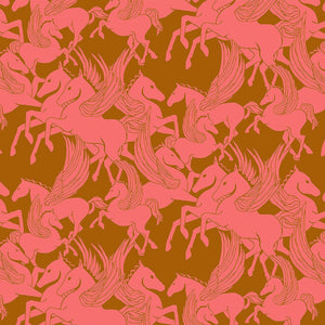 Pattern of pink horses on a brown background