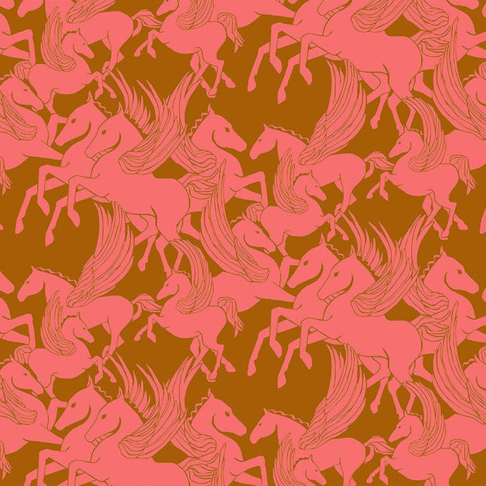 Pattern of pink horses on a brown background