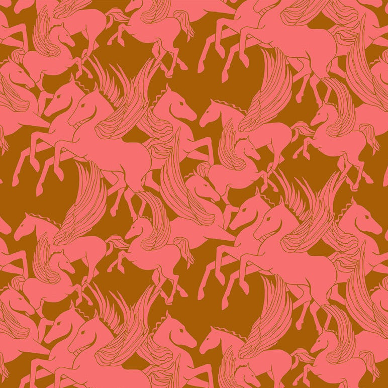 Pattern of pink horses on a brown background