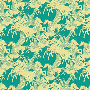 Pattern of horses on a teal background