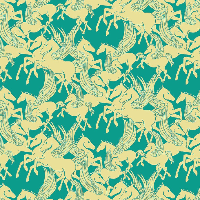 Pattern of horses on a teal background