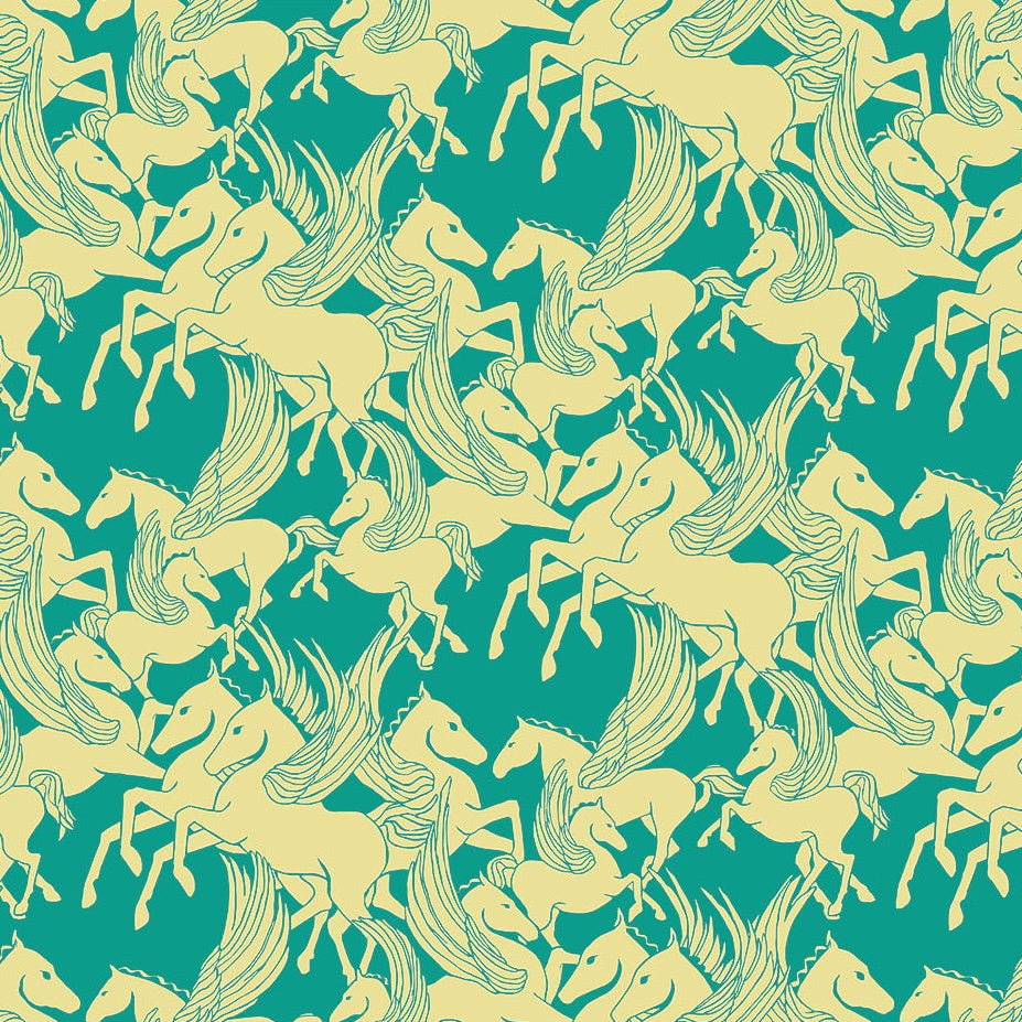 Pattern of horses on a teal background
