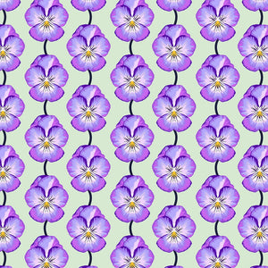 Pattern of purple flowers with yellow centers on a light green background