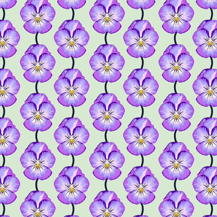 Pattern of purple flowers with yellow centers on a light green background