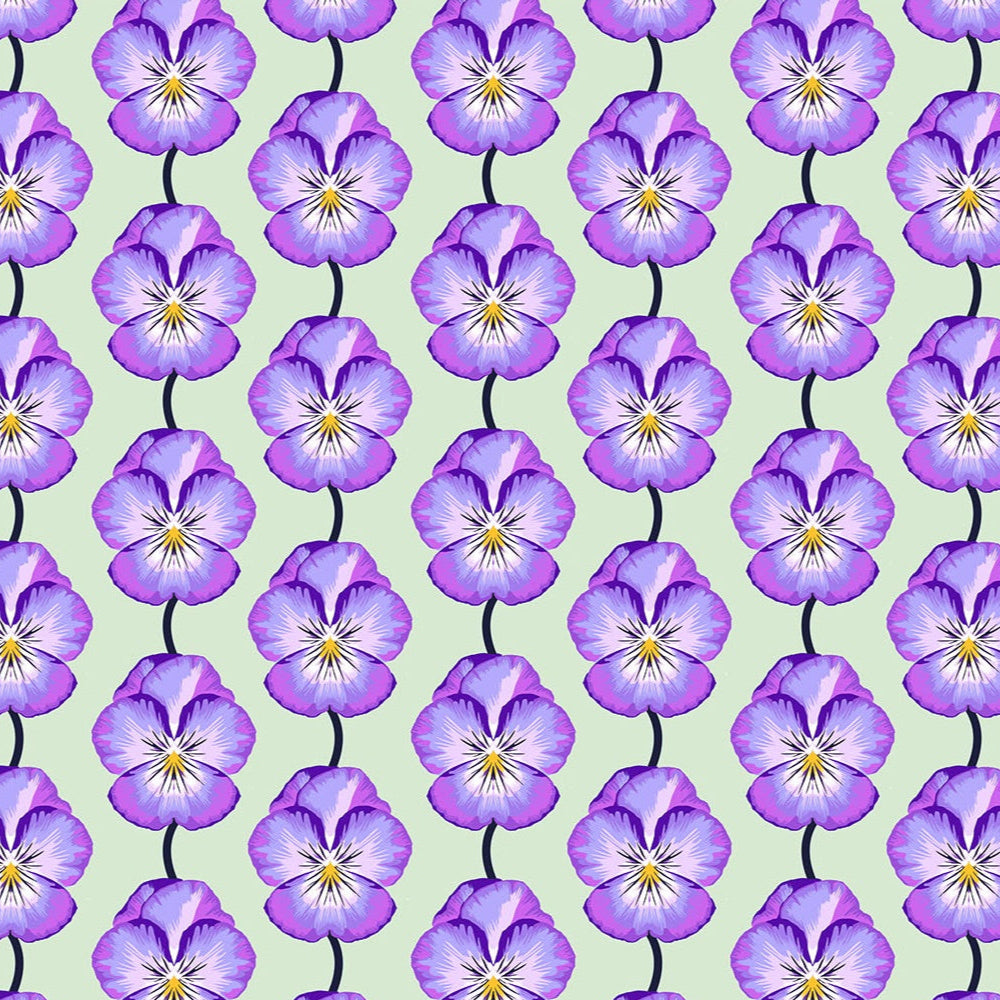 Pattern of purple flowers with yellow centers on a light green background