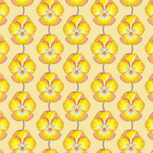 Pattern of yellow flowers with pink centers on a beige background