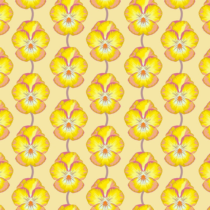 Pattern of yellow flowers with pink centers on a beige background