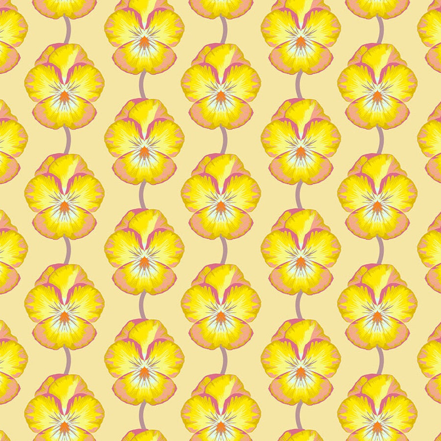Pattern of yellow flowers with pink centers on a beige background
