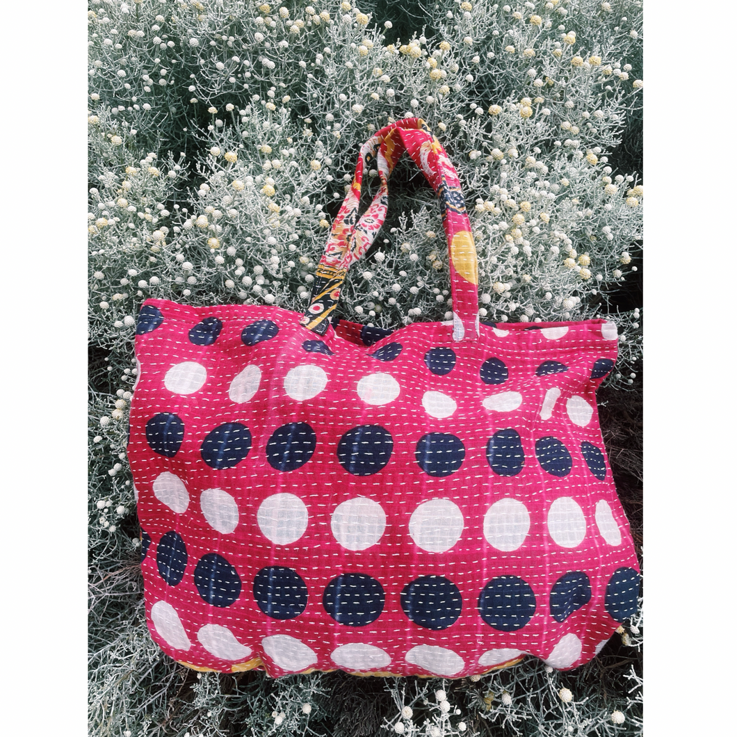 Vintage Kantha Tote Bag - Polka Dots