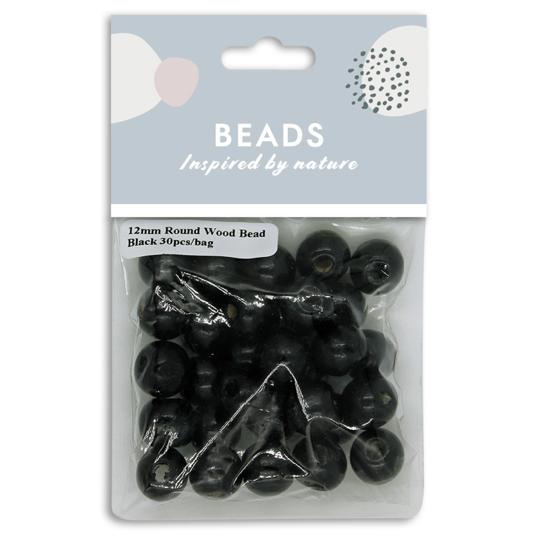 Round Wood Beads - 12mm - Black