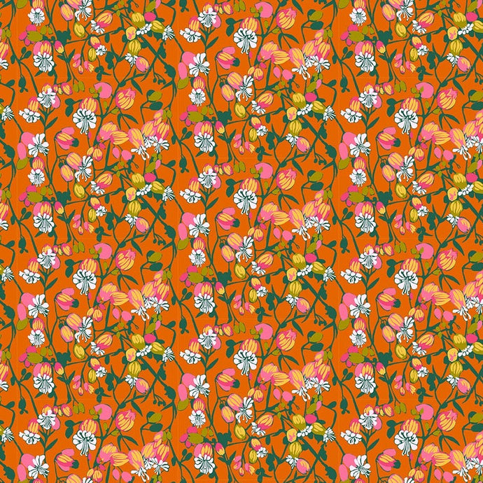 Floral pattern with small flowers on an orange background