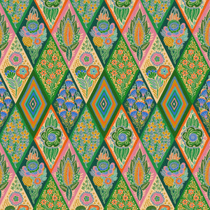 Colorful geometric pattern with diamond shapes on a green background