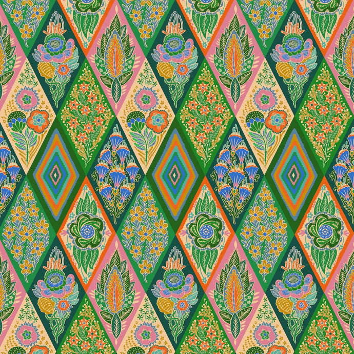 Colorful geometric pattern with diamond shapes on a green background
