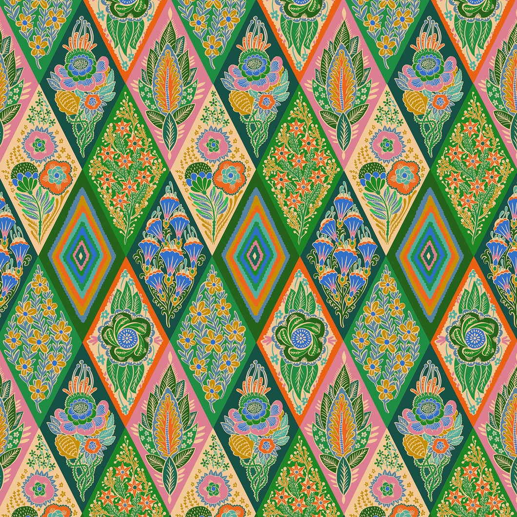 Colorful geometric pattern with diamond shapes on a green background