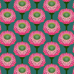 Pattern of pink flowers with green centers on a teal background