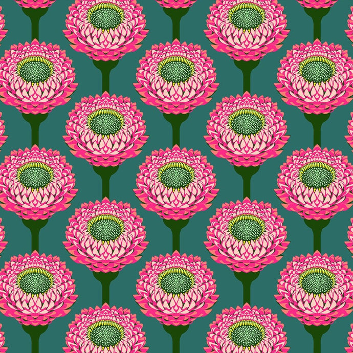 Pattern of pink flowers with green centers on a teal background
