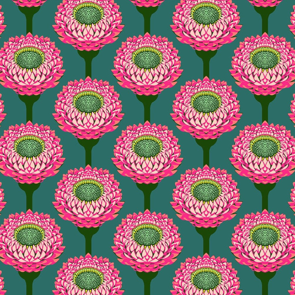 Pattern of pink flowers with green centers on a teal background