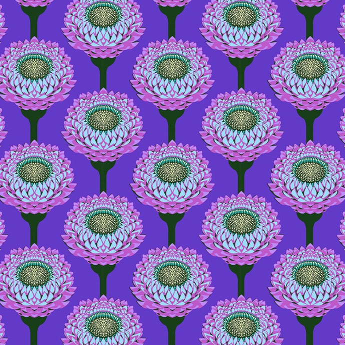 Pattern of purple and green flowers on a purple background